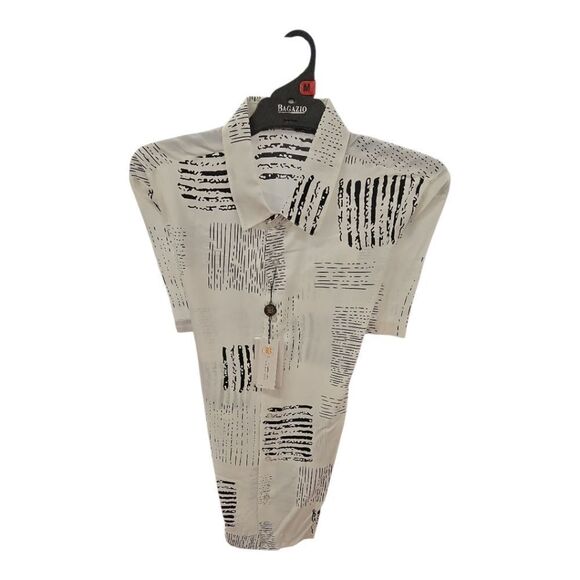 BAGAZIO MEN'S PURE WHITE/BLACK SHORT SLEEVE FASHION ABSTRACT SHIRT.BM2303. - Picture 4 of 9